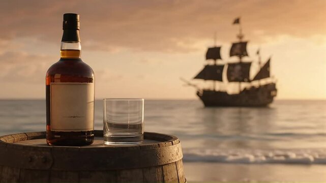 Bottle of rum and empty glass on rustic wooden barrel at golden beach