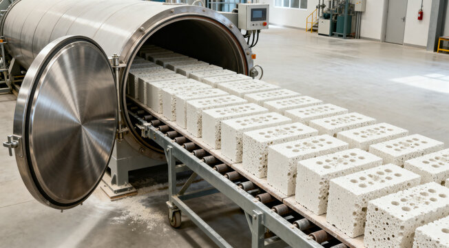 Rows of autoclaved aerated concrete blocks travel on a conveyor into a large industrial autoclave for high-pressure steam curing, showing mass production of lightweight construction materials