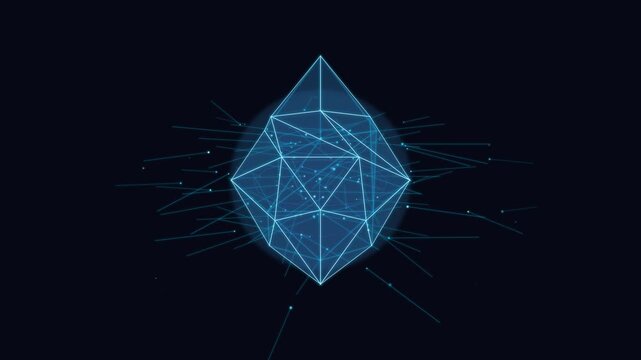 Plexus geometric crystal polygon sphere structure rotating against dark background abstract rotation shape wireframe glowing abstract rotation shape wireframe glowing