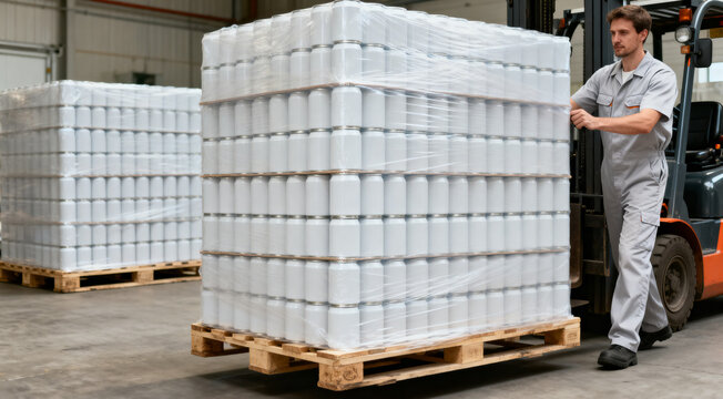 Warehouse worker operating forklift with pallet of shrink‑wrapped metal cans in industrial storage