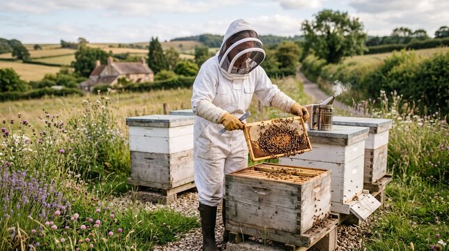 Beekeeper in protective suit tending to a hive frame full of bees in a rural countryside setting