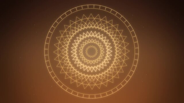 Gold Islamic rosette mandala drawing itself on warm amber brown