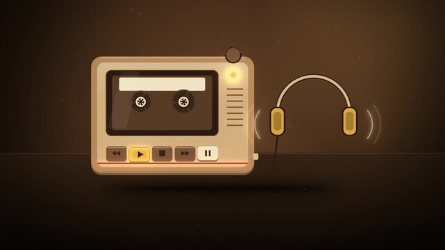 Retro portable cassette player with golden headphones seamless loop