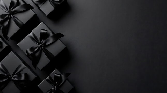 Elegant black gift boxes wrapped with ribbon for luxury holiday