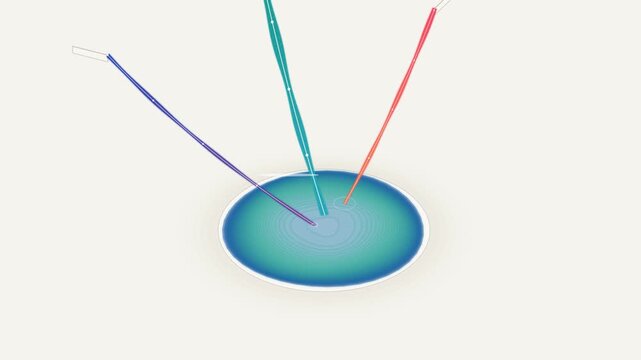 Abstract graphic motion design animation with colorful light beams entering a circular pool water liquid ripples technology futuristic water liquid ripples technology futuristic