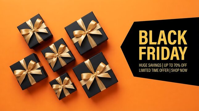 Black-friday-sale-promotion-gift-boxes-gold-ribbon-orange-background-s