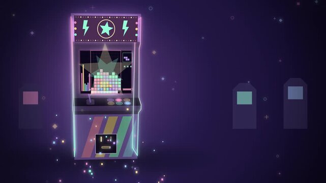 Purple arcade cabinet with falling blocks screen and victory burst