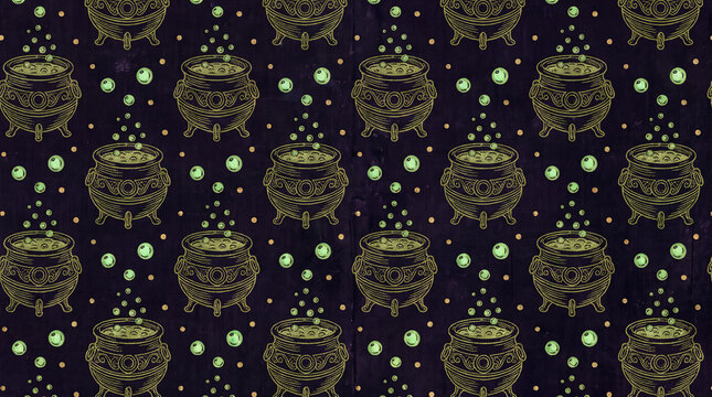Seamless halloween pattern with golden witch cauldrons and bubbling green potion on dark purple background for alchemy wrapping paper