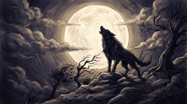 Lone wolf howling at big full moon on rocky cliff on spooky halloween night dark engraving illustration
