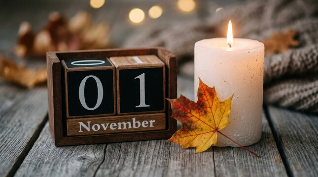 November 1st calendar date with a lit candle and autumn leaf