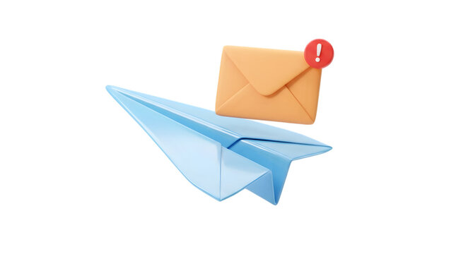 3D paper plane with an orange envelope and notification icon isolated