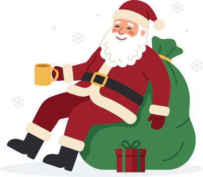 Santa claus relaxing with a mug of hot drink on a gift sack