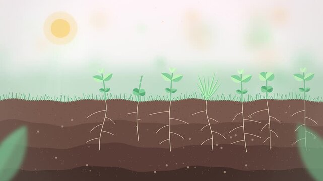 Seeds sprouting into seedlings with roots in cross section soil