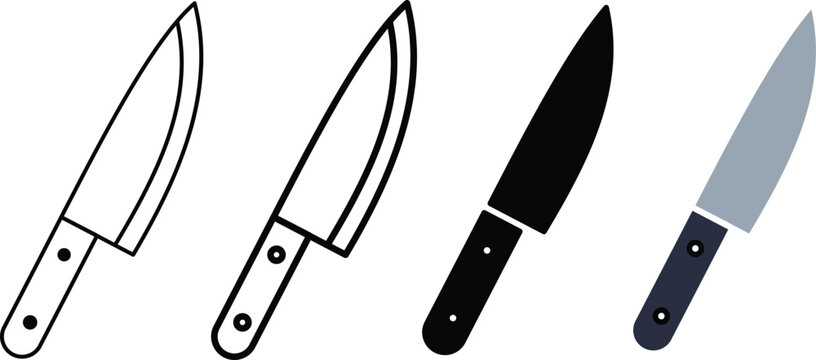 Kitchen chef knife icon collection in outline, black, and modern colored styles
