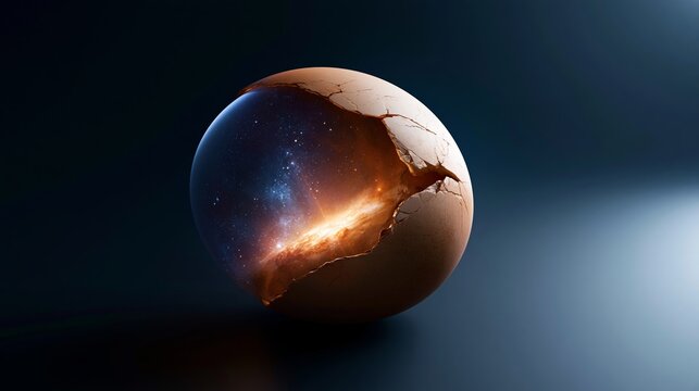 Cracked egg shell breaking open, a glowing galaxy and cosmic nebula appearing from within, representing new beginnings and the universe's origin