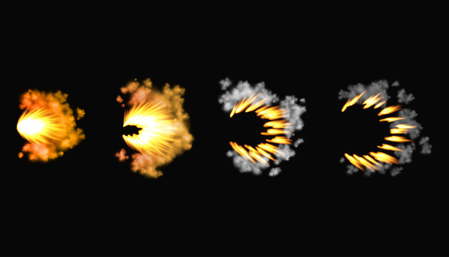 Gun flashes or gunshot animation. Collection of fire explosion effect during the shot with the gun. Cartoon flash effect of bullet starts. Shotgun fire, muzzle flash and explode