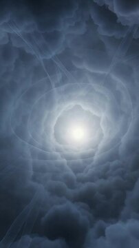 Vertical video: Surging core light creating spiral vortex aloft pulling glowing ribbons amid clouds
