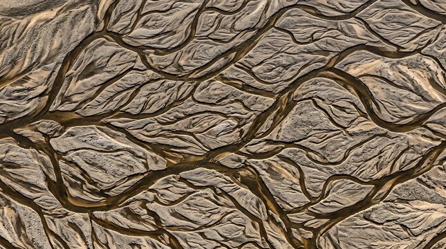 Aerial view of a dry river delta showcasing intricate meandering water channels cutting through arid sandy terrain and mudflats in a natural landscape pattern