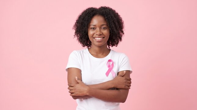 Woman with pink ribbon for breast cancer awareness month october