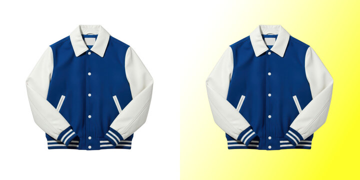 Blue and white varsity jacket isolated on transparent background