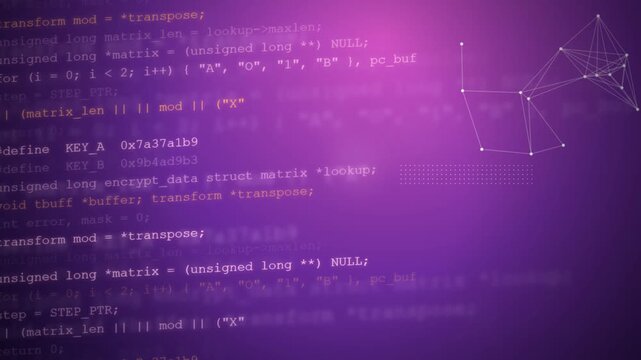 Computer programming code and cybersecurity encryption data scrolling on bright purple digital screen motion video clip