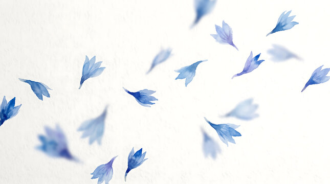 Beautiful blue flower petals falling down in a light and airy soft composition