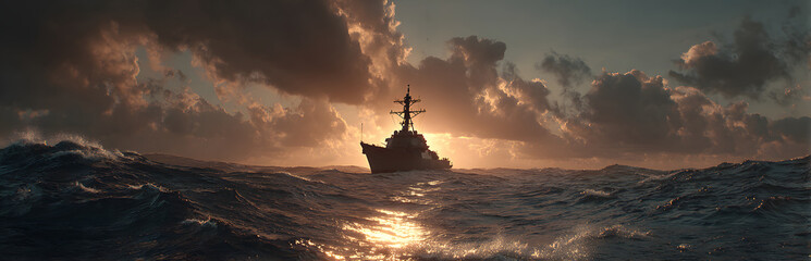 Fototapeta premium Naval destroyer cruises rough sea under dramatic stormy skies and golden glowing clouds. Powerful warship patrols ocean waves. Military vessel sails tough weather. Aggressive naval defense mission.