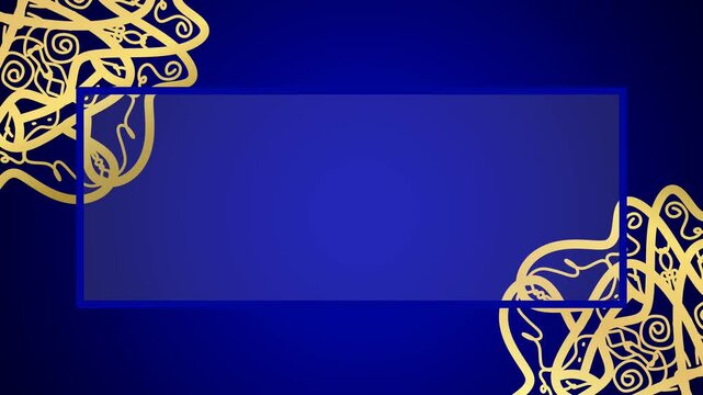 Dark blue background with animated luxury gold corner ornaments and rectangular border frame template for video title copy space
