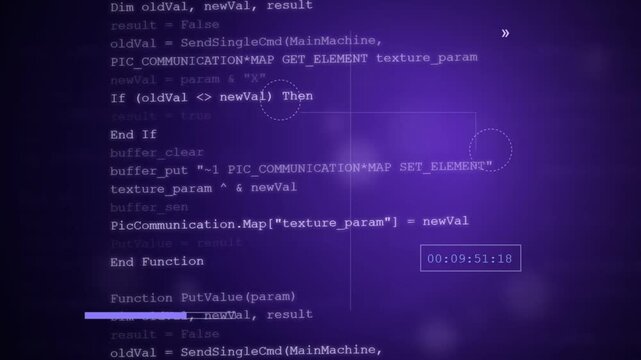 Programming code displaying on dark purple digital screen during software development video footage motion clip