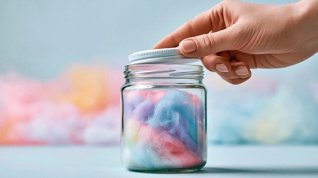 Closing a glass jar filled with fluffy cotton candy in vibrant colors, this sweet treat brings to mind joyful memories and whimsical moments
