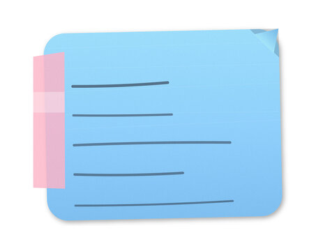 Horizontal blue memo paper fixed with pink translucent tape on side showing writing lines.
