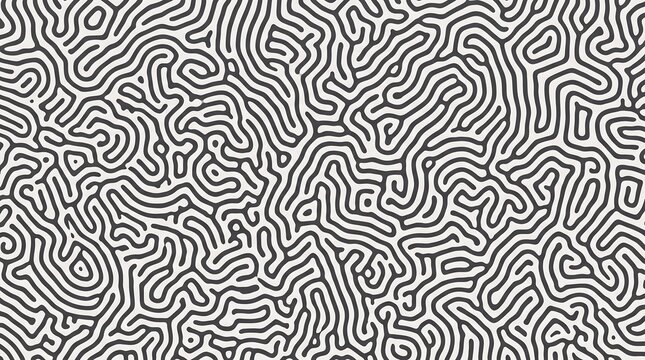 Reaction diffusion pattern with intricate organic lines creating a complex abstract maze-like texture, a seamless monochrome background design for modern graphic projects