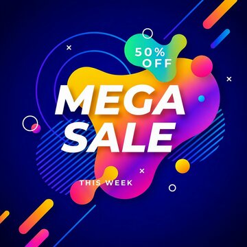 Mega sale banner with fifty percent off discount and colorful abstract background this week