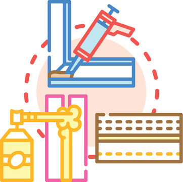 Illustrating home insulation measures, people applying sealant to windows and installing weatherstripping on a door, enhancing energy efficiency and preventing heat loss
