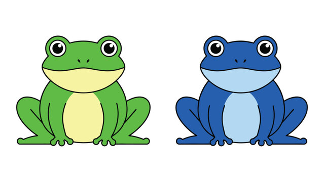 Cartoon Green and Blue Frog, Two Sitting Frogs