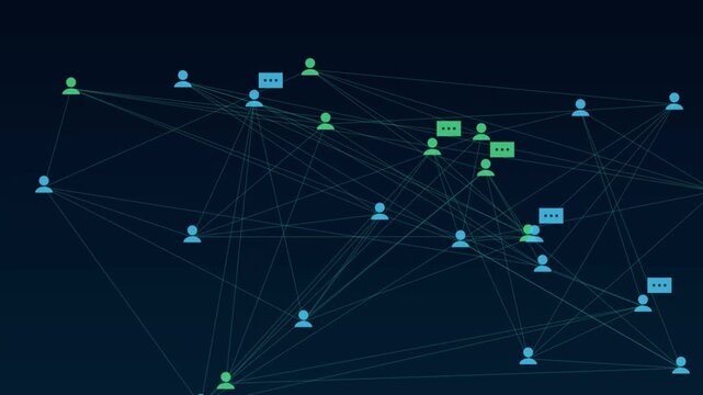 Social network global communication animation with interconnected user profile icons and messaging symbols in digital cyberspace video footage