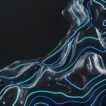 Abstract Futuristic Topographic Terrain with Glowing Blue Neon Contour Lines on Dark Glossy Surface