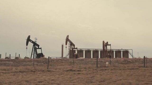 Oil pumps extracting crude fuel in a rural field