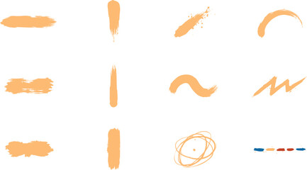 Fototapeta premium Set of twelve distinct orange paint brush strokes and shapes including lines, curves, and scribbles isolated on a white background