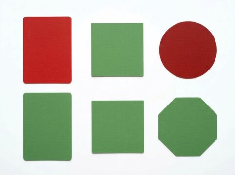 Geometric Shapes in Red and Green Against a White Background with Clear Lighting