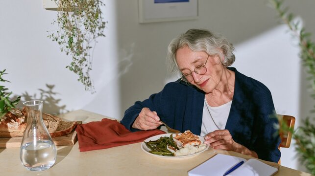Senior woman eating a healthy meal of baked fish and vegetables at her kitchen counter, natural and dignified scene for nutrition and elderly care