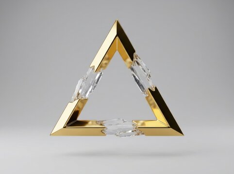 Golden triangle frame with crystal shards during studio lighting for abstract concept and luxury design