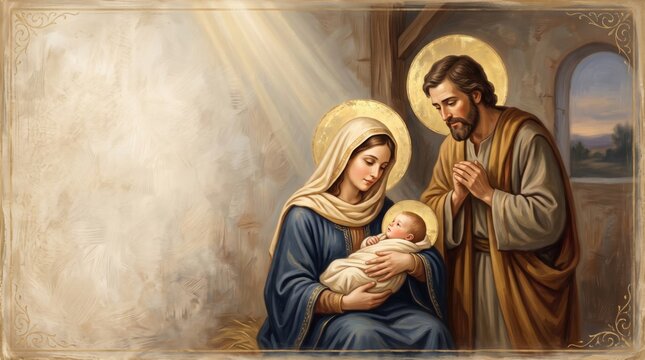 Mary and Joseph with the newborn Jesus in a stable. Nativity of Christ and Christmas story. Catholic faith, Christian devotion and holy family. Religious greeting card with copy space.