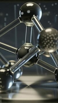 Vertical video: Orbiting camera showing glassy nodes, tubular rods on lab base, showing reflections