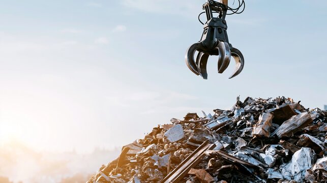 Industrial crane grapple hovering over scrap metal pile, processing and recycling waste material