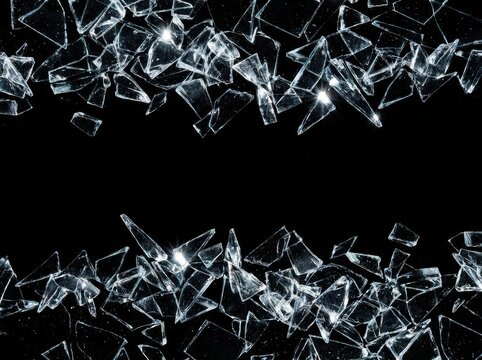 Sharp glass shards scattered against a dark background with subtle reflections and bokeh