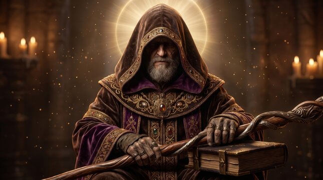 Hooded bearded sage holding a twisted staff above an old book in a candlelit chamber. Fantasy wizard character. Mystical magic and arcane knowledge concept. Medieval fantasy illustration.