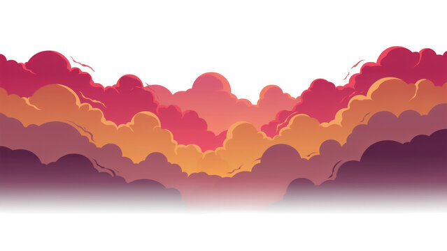 Pink and orange clouds in a flat vector style during sunset with a conceptual atmosphere isolated on transparent background
