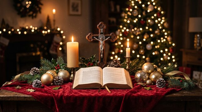 Open Bible and crucifix with candles amid Christmas greenery and ornaments. Jesus Christ and Christian faith. Catholic Christmas worship and seasonal devotion. Religious holiday tradition.