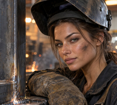 Woman welder beside a welded steel frame in a fabrication workshop. Women in skilled trades, workforce inclusion and industrial careers. Metal fabrication, welding safety and craftsmanship.